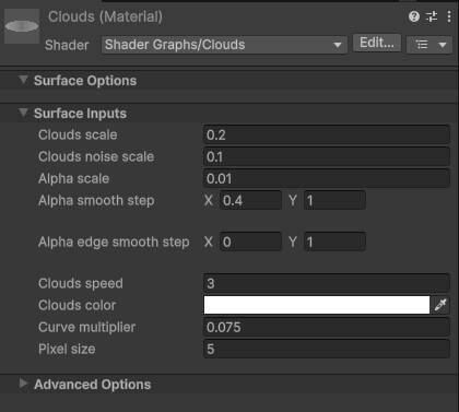 Unity material settings showing for clouds for a day time scene