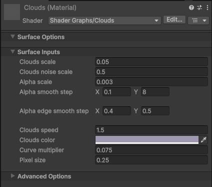 Unity material settings showing for clouds for a night time scene