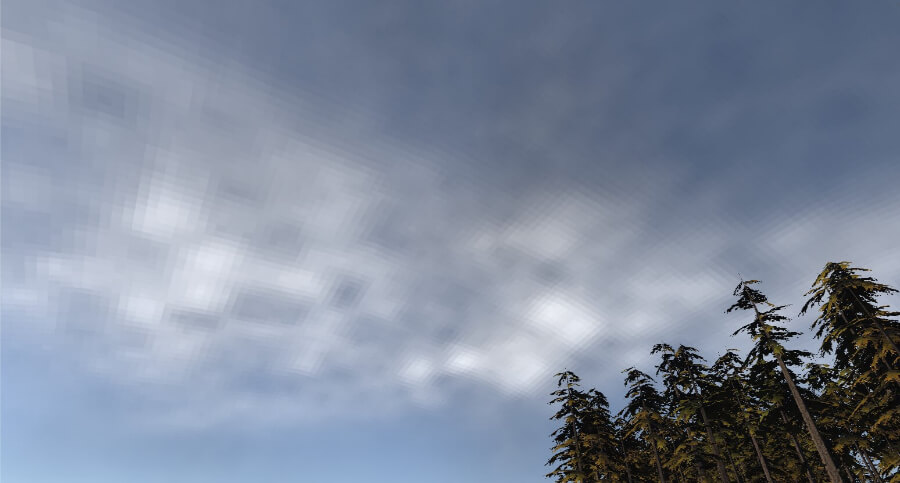 Unity scene showing pixelated clouds above a copse of trees