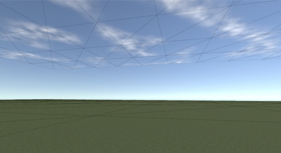 Unity scene showing clouds with wireframes on a flat plane